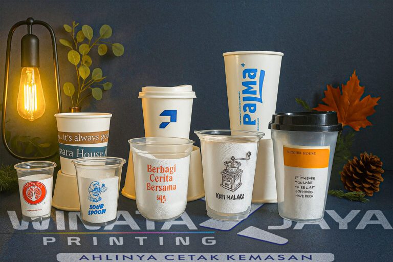 Contoh aneka cup kemasan minuman dengan cetak logo untuk brand F&B