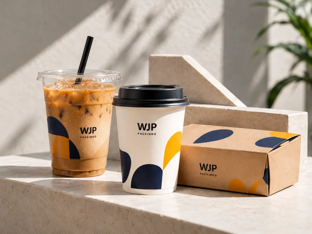 Ilustrasi konsep kemasan custom WJP: cup kopi PET, paper cup dan lunchbox dengan warna navy dan amber